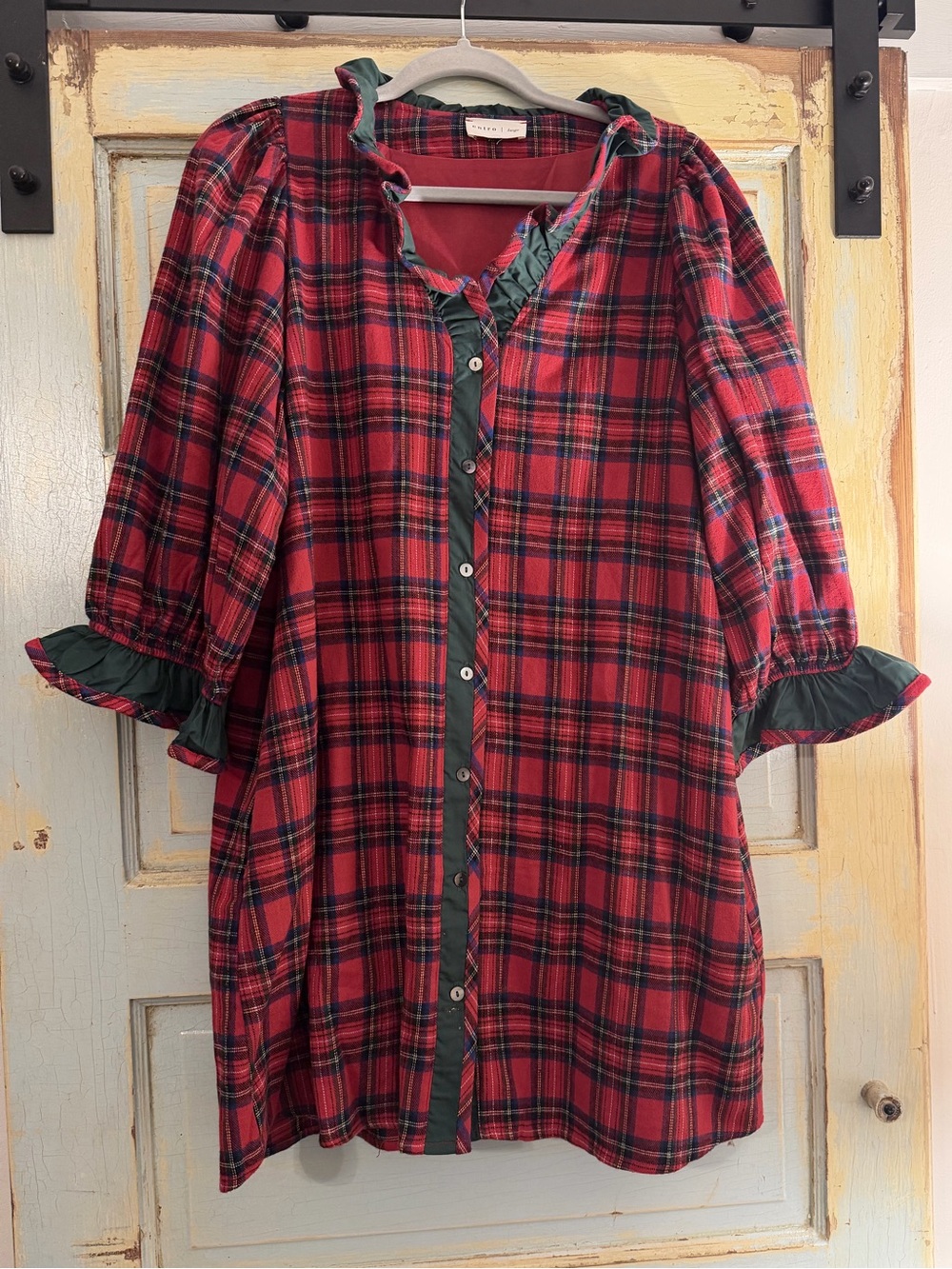 entro Red Plaid Puff Sleeve Mini Dress Women's Large